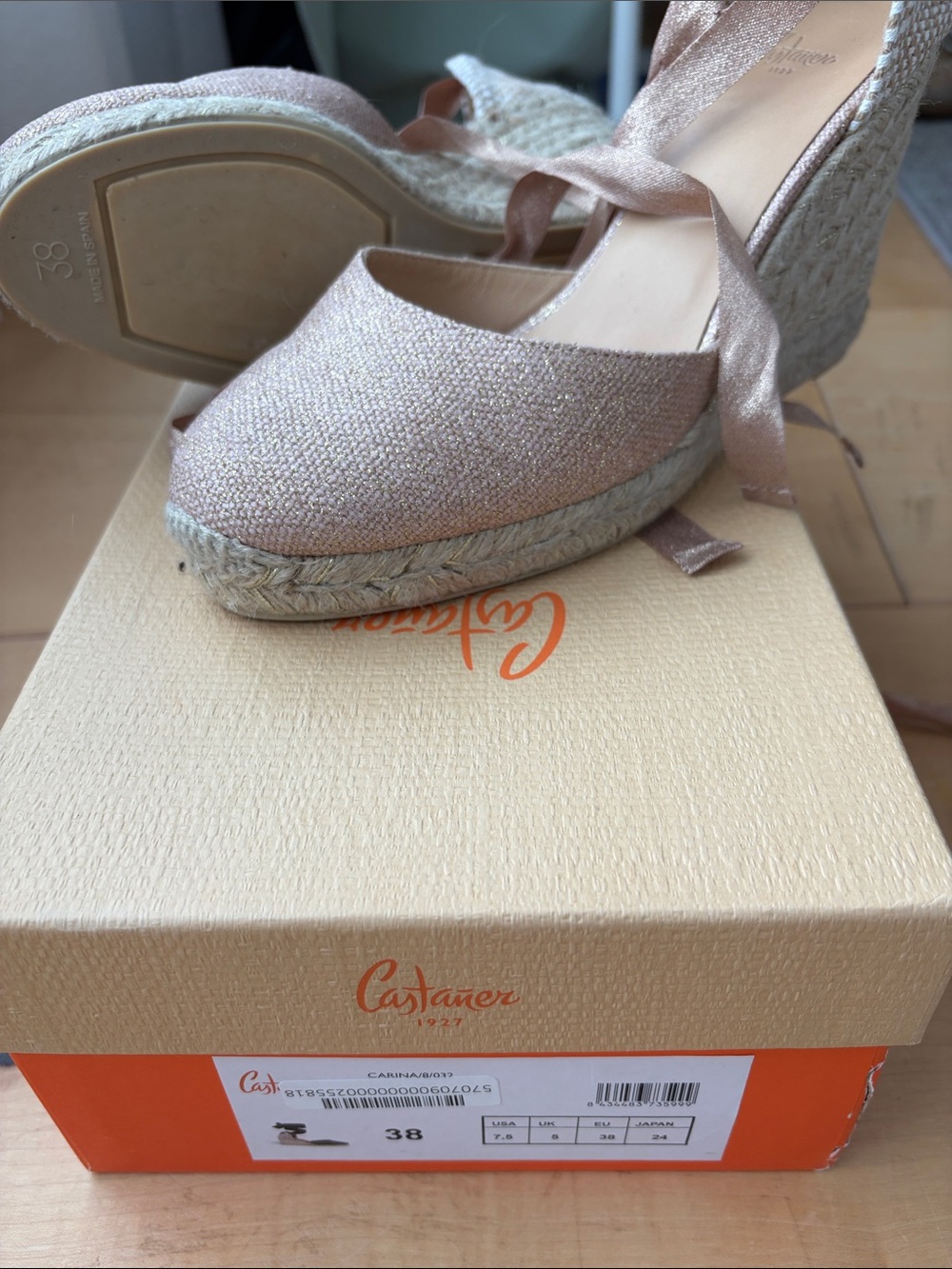 Castañer Carina Espadrille Wedges in Rose Gold NIB